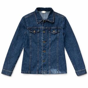 Steps Vintage Made in USA Denim Trucker Jacket Mid Blue Wash 100% Cotton Size L